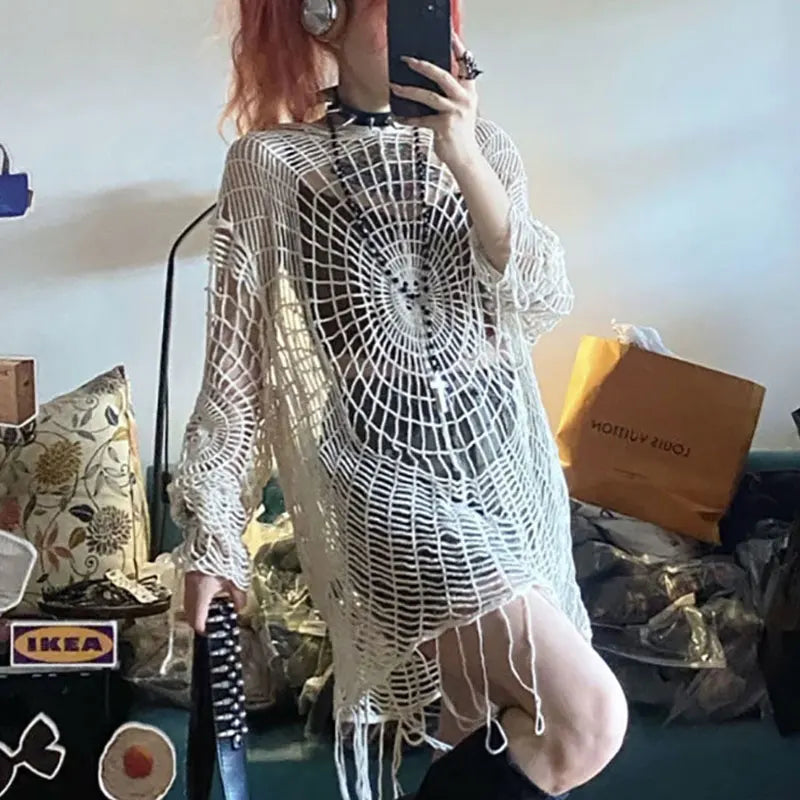 Hollow Knit Hooded  Goth Spider Web Sweater