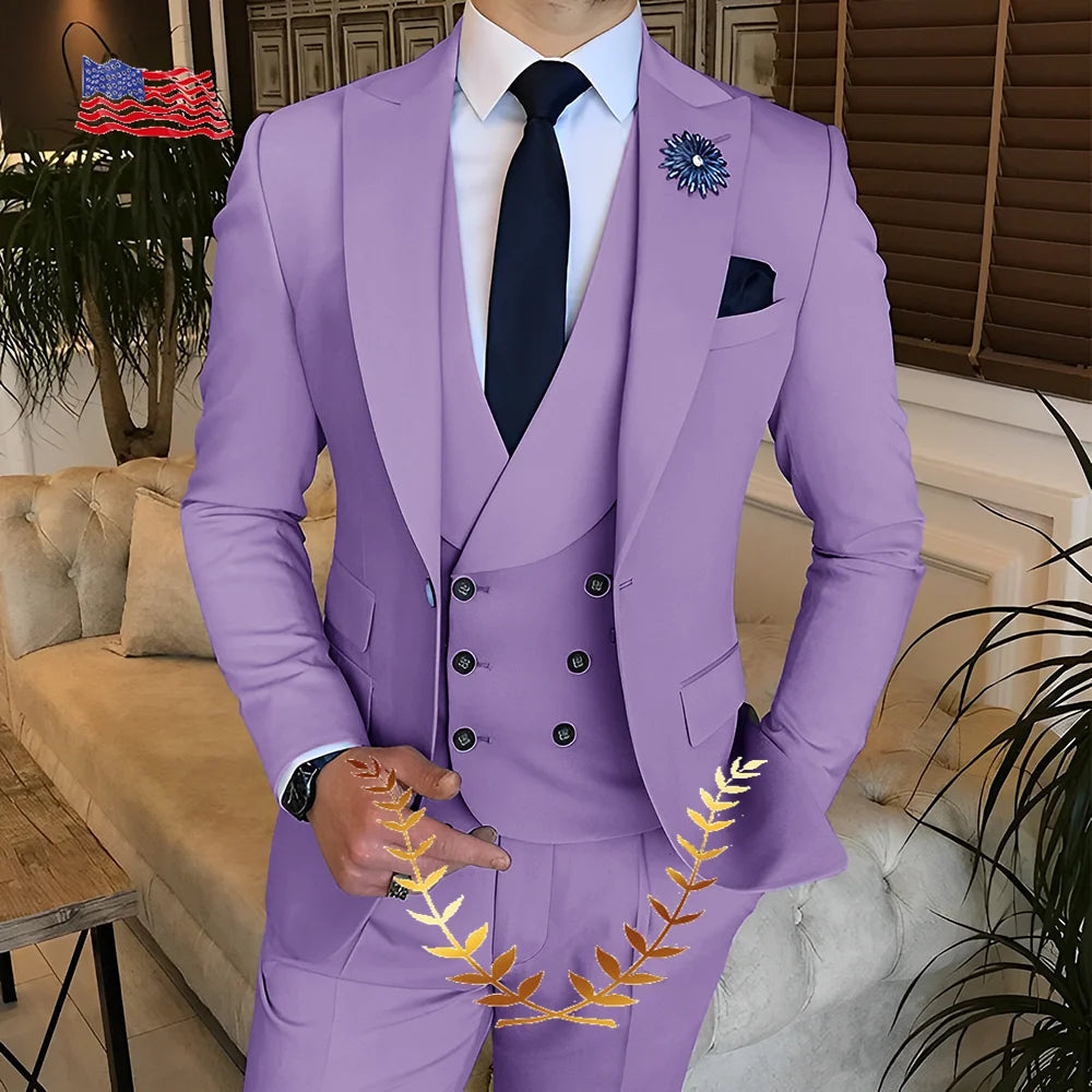 Men's Suit Jacket Pants Vest 3-piece Set Slim Fit Handsome Men Blazer for Party