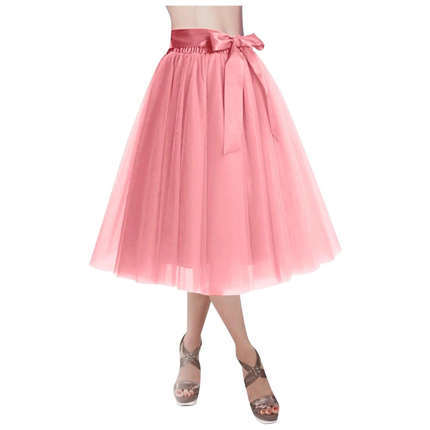 Women's Knee Length Mesh  Skirt Solid Color Elegant Elastic High Waist A-Line Petticoat