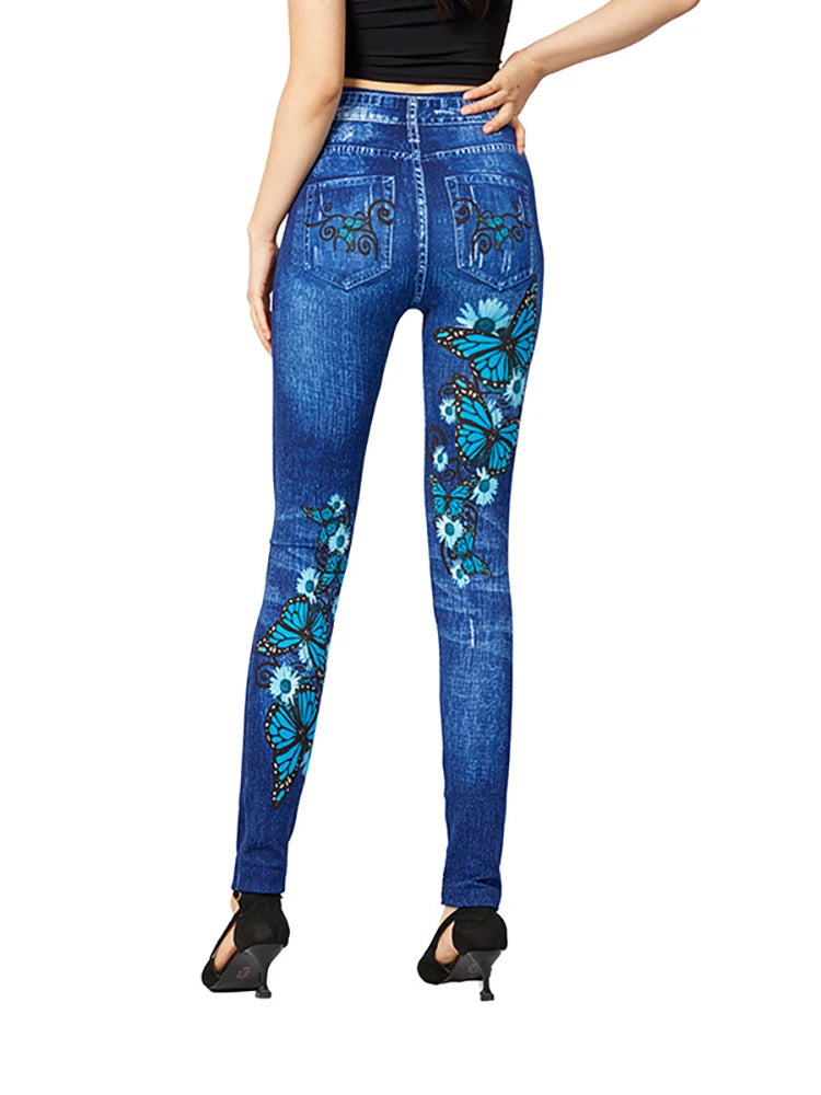 Leggings High Waist Elastic Butterfly Printed Pencil Pants Faux Denim Leggings