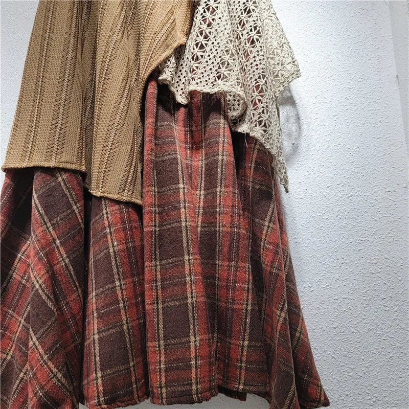 Elastic High Waist Patchwork Irregular Plaid Printed Causal A-line Long Skirts