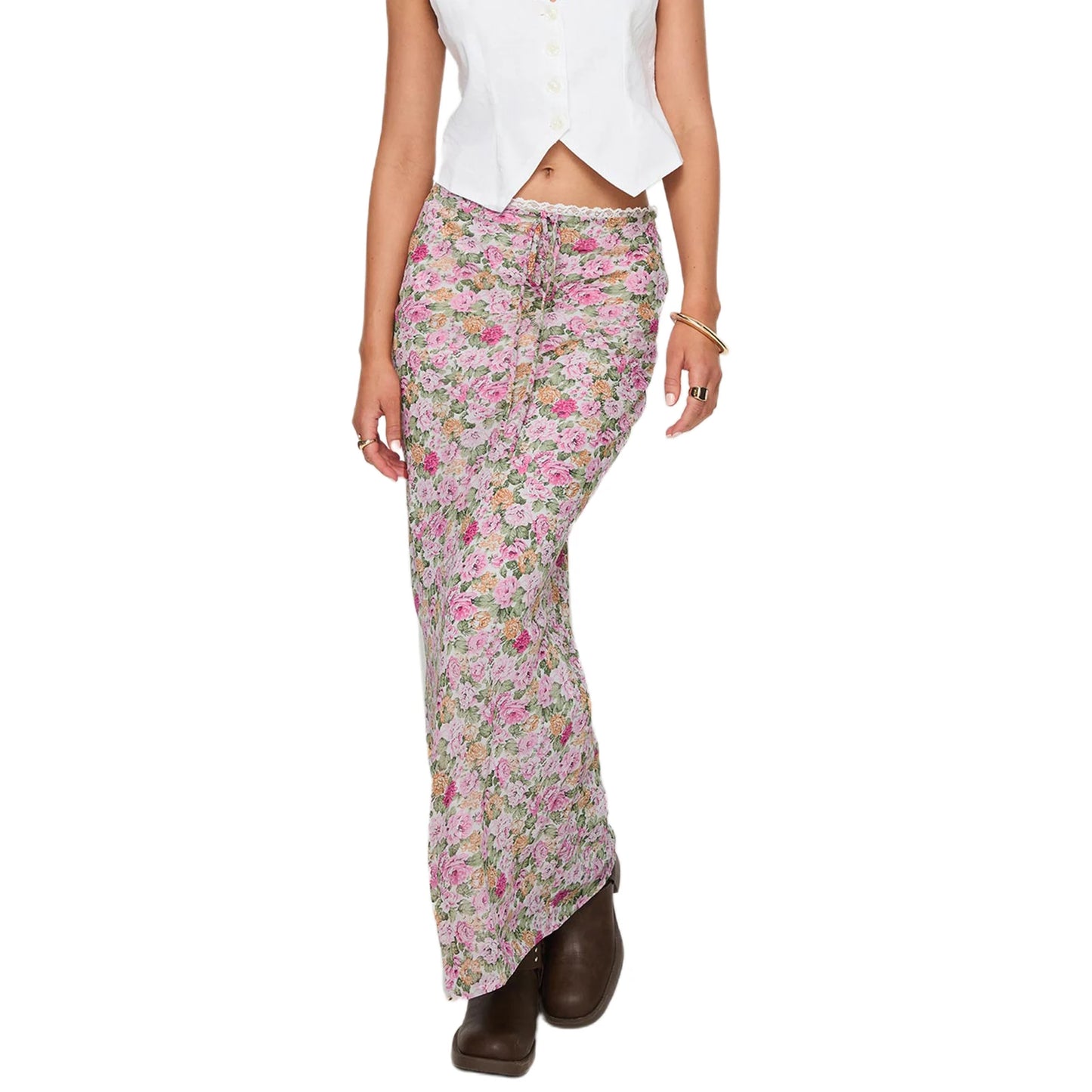 Women s Boho Maxi Skirt with Ruffle Hem and Tie Waist Elegant Floral Print Long Skirt