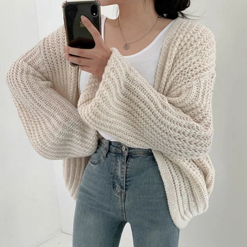 Vintage Lantern Sleeve Women Cardigan Sweater Casual Streetwear Tops Chic Lazy Wind