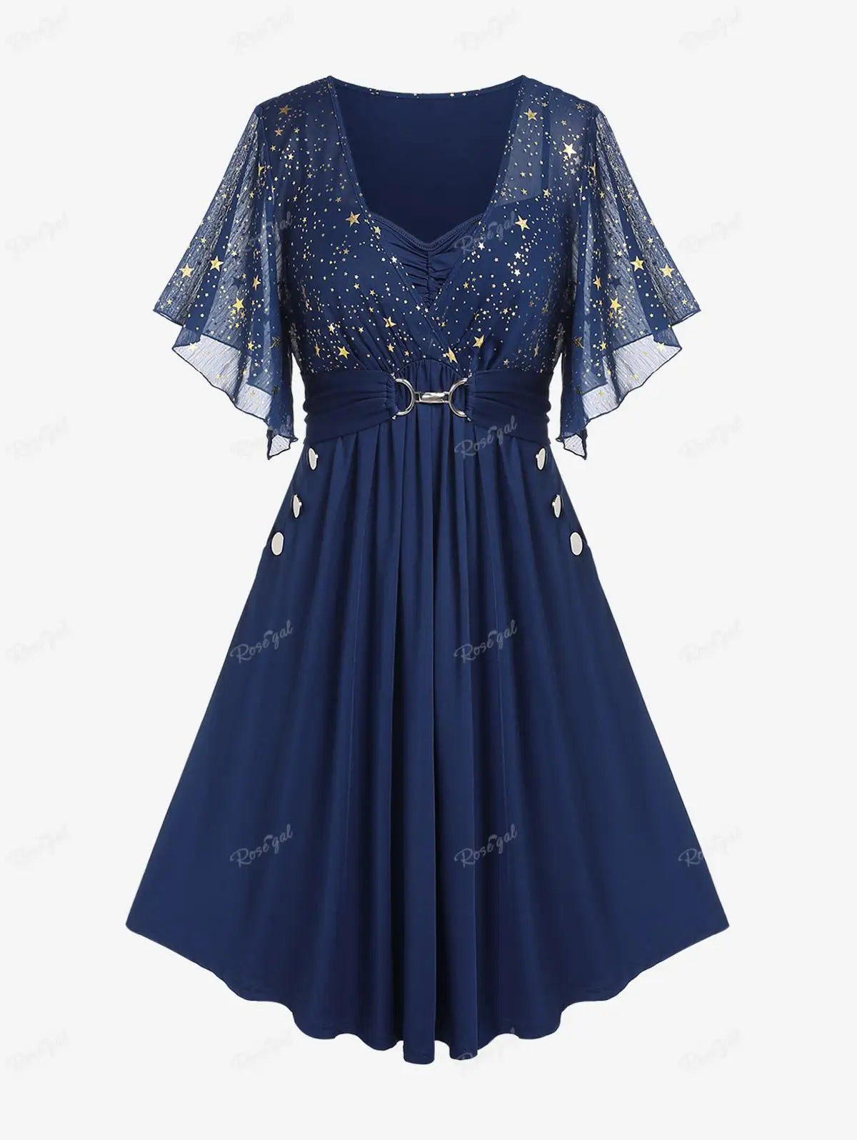 Plus Size Stars Print Buckle Button Pockets Ruched Butterfly Sleeves Dress Women Casual V-neck Collar Dresses
