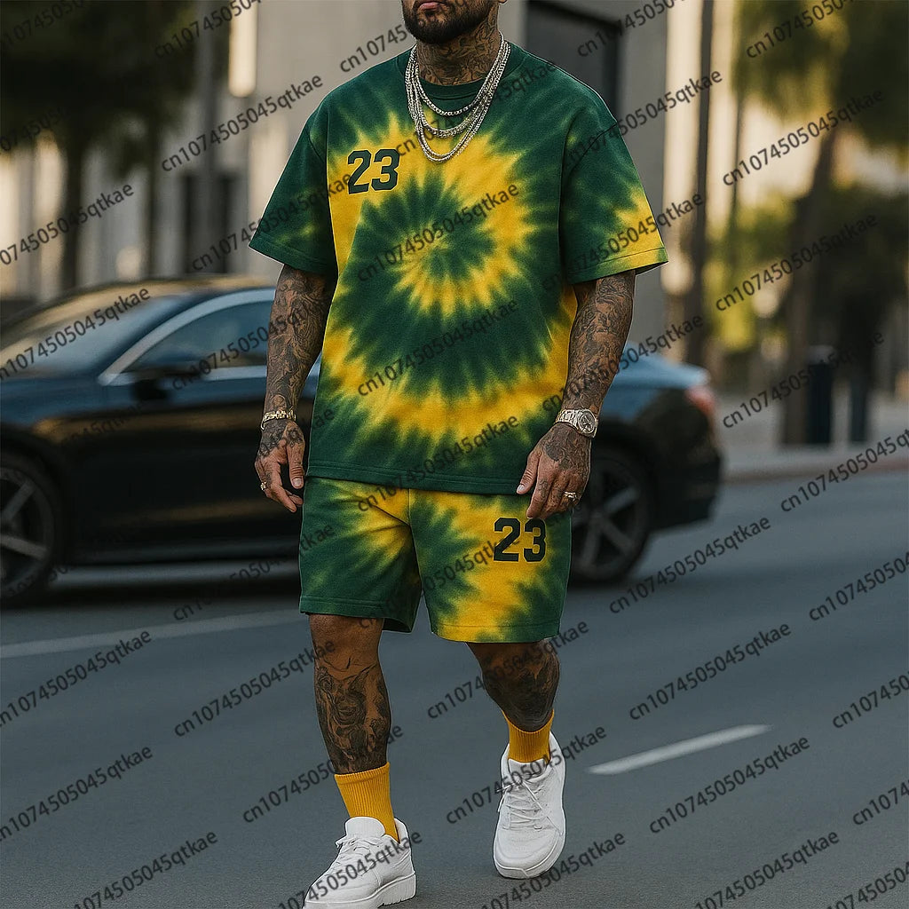 Fashion Tie Dye Basketball No.23 Print Oversized Streetwear Short-Sleeve T-shirt And Shorts Set Summer Breathable Casual 2 Piece