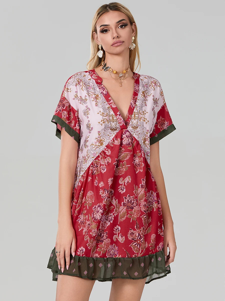 Women s Sleeveless Dress with Ruffle Hem in Tropical Print Summer Boho Beach Dress with Pockets