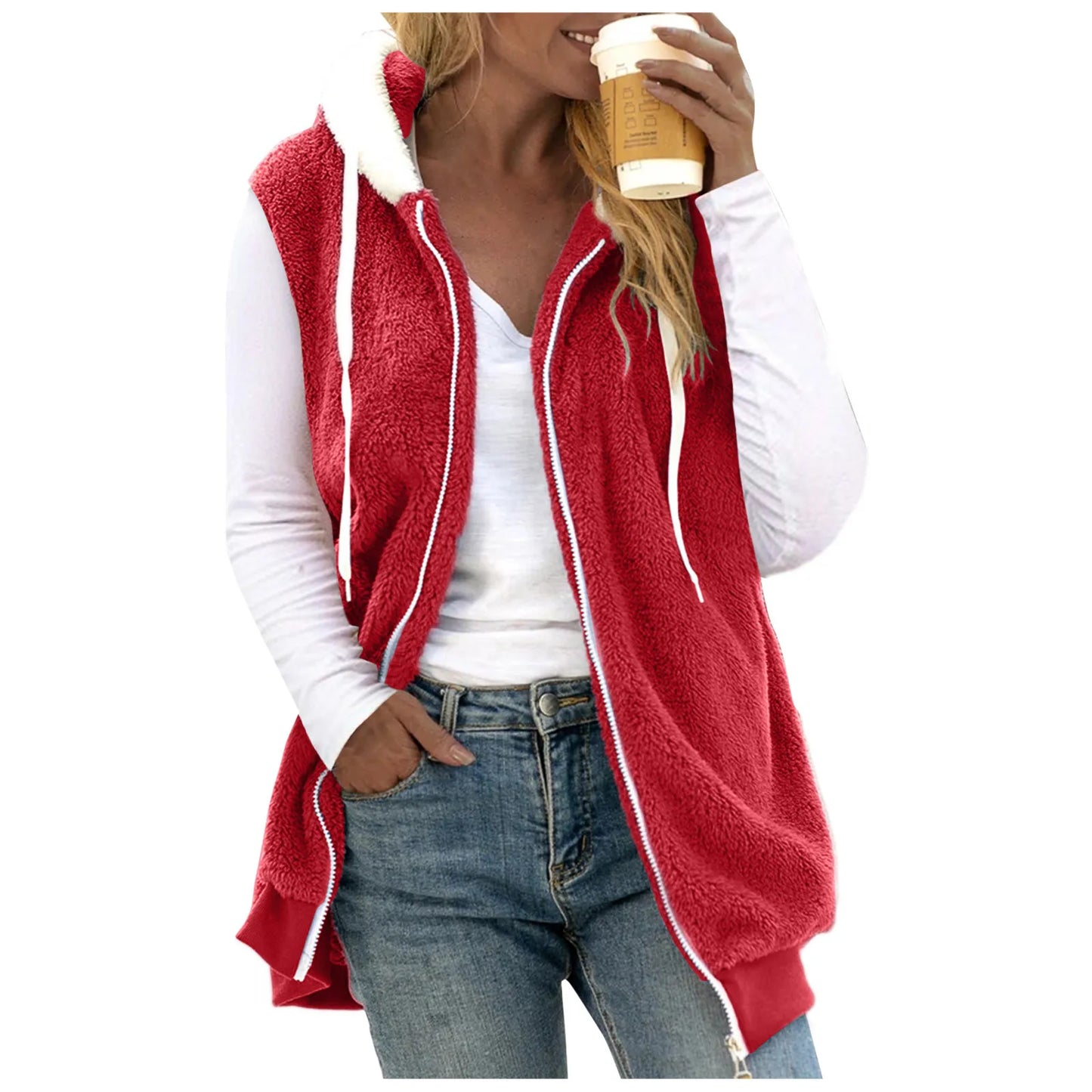 Plus Size Vests Outerwear Women Plush Sleeveless Hooded Vest Jackets Zip-Up Fleece Waistcoat