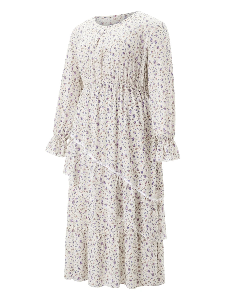 Women Plus Size Long Sleeve Dress Elegant O-Neck Belted Maxi Dress with Pockets