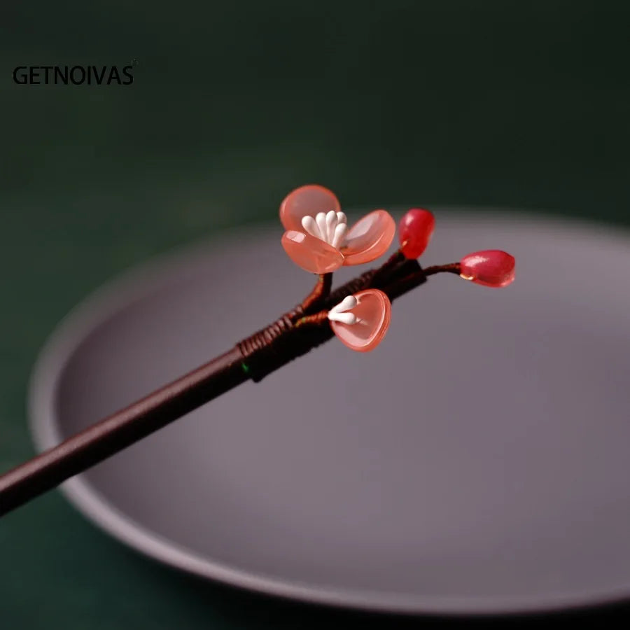 Floral Hair Pins Handmade Wooden Twist Bun Pin Chopsticks Flower Hair Clips Chinese-style Hair Stick