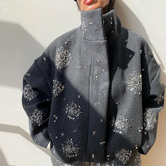 Casual Embroidery Beading Loose Women Coat Lapel Collar Bat Sleeve Solid Wool Blend Jacket Lady Luxury Outerwear