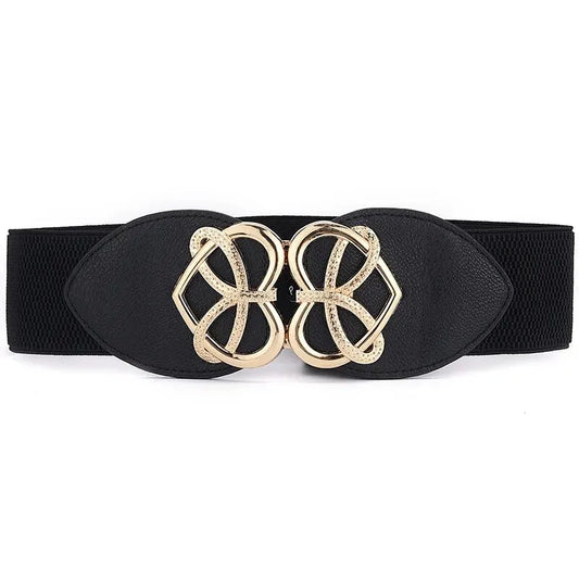 Women's Waist Cover Fashionable Golden Buckle Elastic Waist Closure With Double Hook Buckle Wide Belt