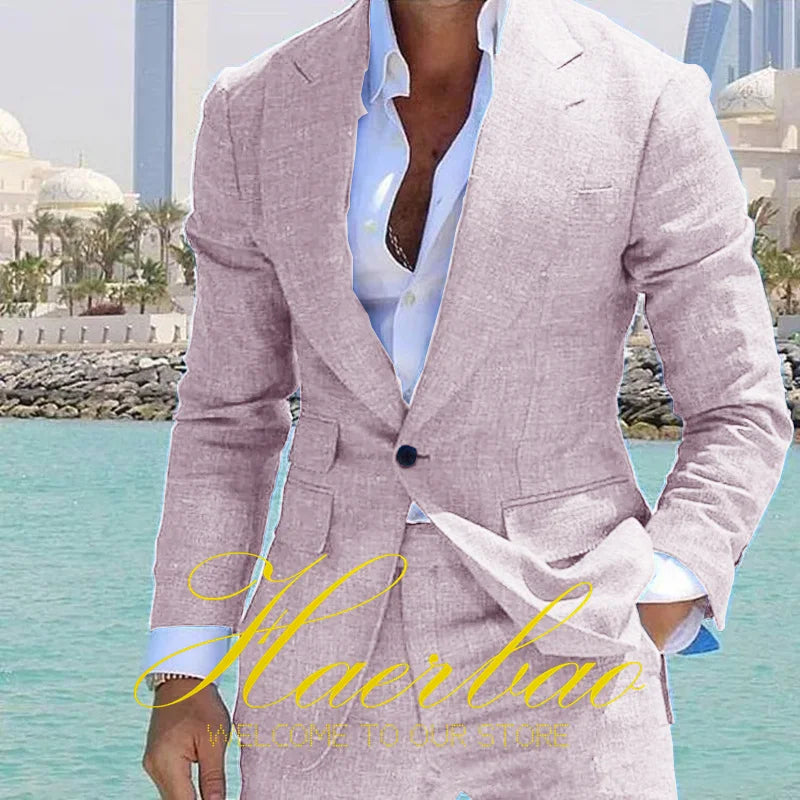 Summer Men's Linen Suit Set of 2 Wedding Groom Tuxedo Formal Lapel Jacket Pants Fashion Tailored Blazer for Men