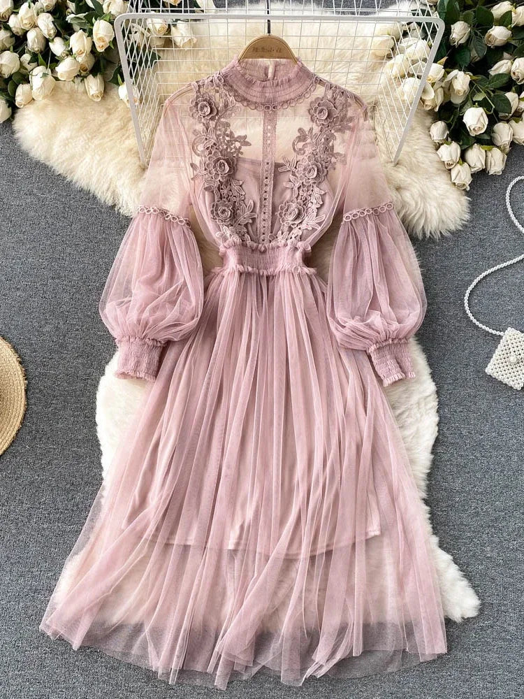 Ladies Dress Three-dimensional Flower Hook Mesh Stand Collar Lantern Sleeve High Waist Female Dresses