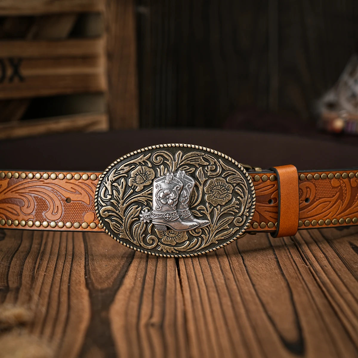 Men - Women - Western Denim - pu leather - Belt - Vintage jeans with floral carved boots buckle belt