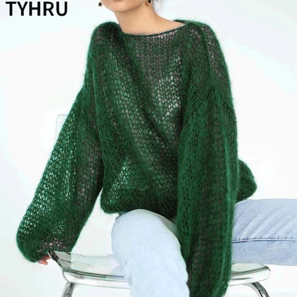 Women's Knitted Sweaters Lady Hollow out Mesh Thin Pullover See Through Look Lantern Sleeve Loose Tops Smock