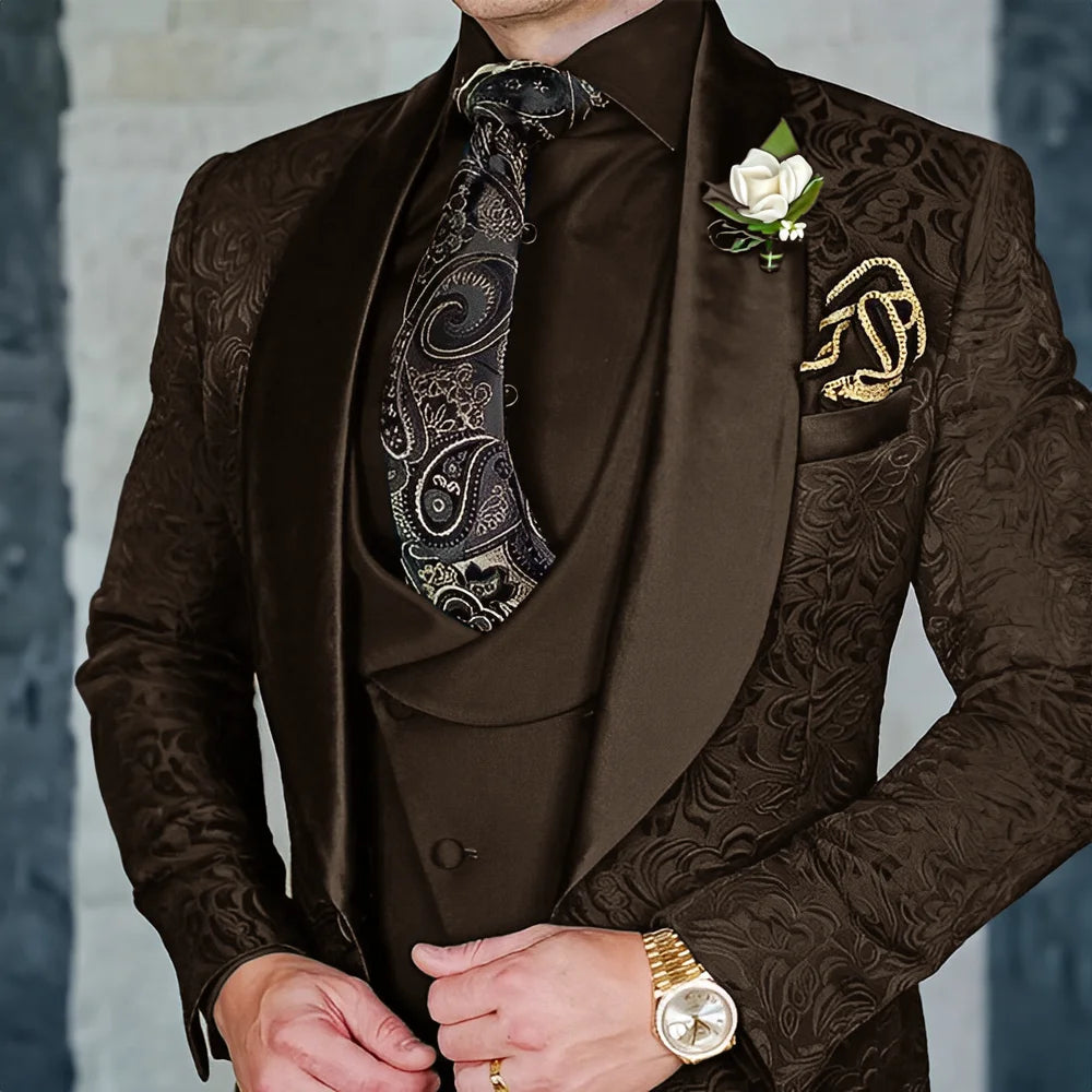 Jacquard Men's 3-piece Suit Set Formal Party Dress Groom's Tuxedo High Quality Elegant Men's Customized Outfit