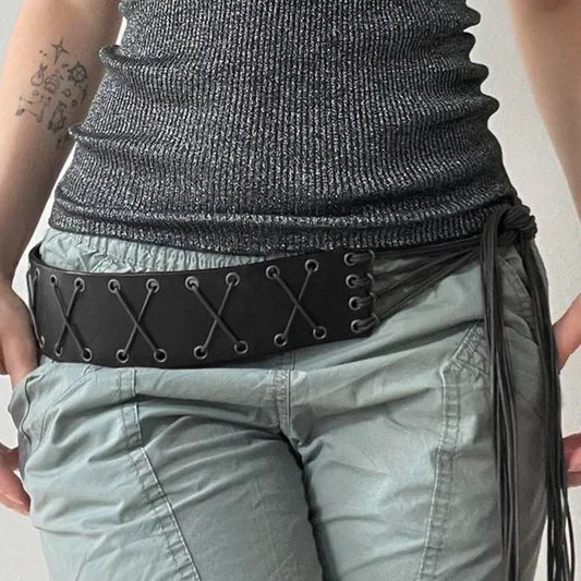 Vintage Bandage Tassels Pu Belt  Hollow Out Women's Outdoor Fashion Skirts Jeans Trouser Decorative Waistband