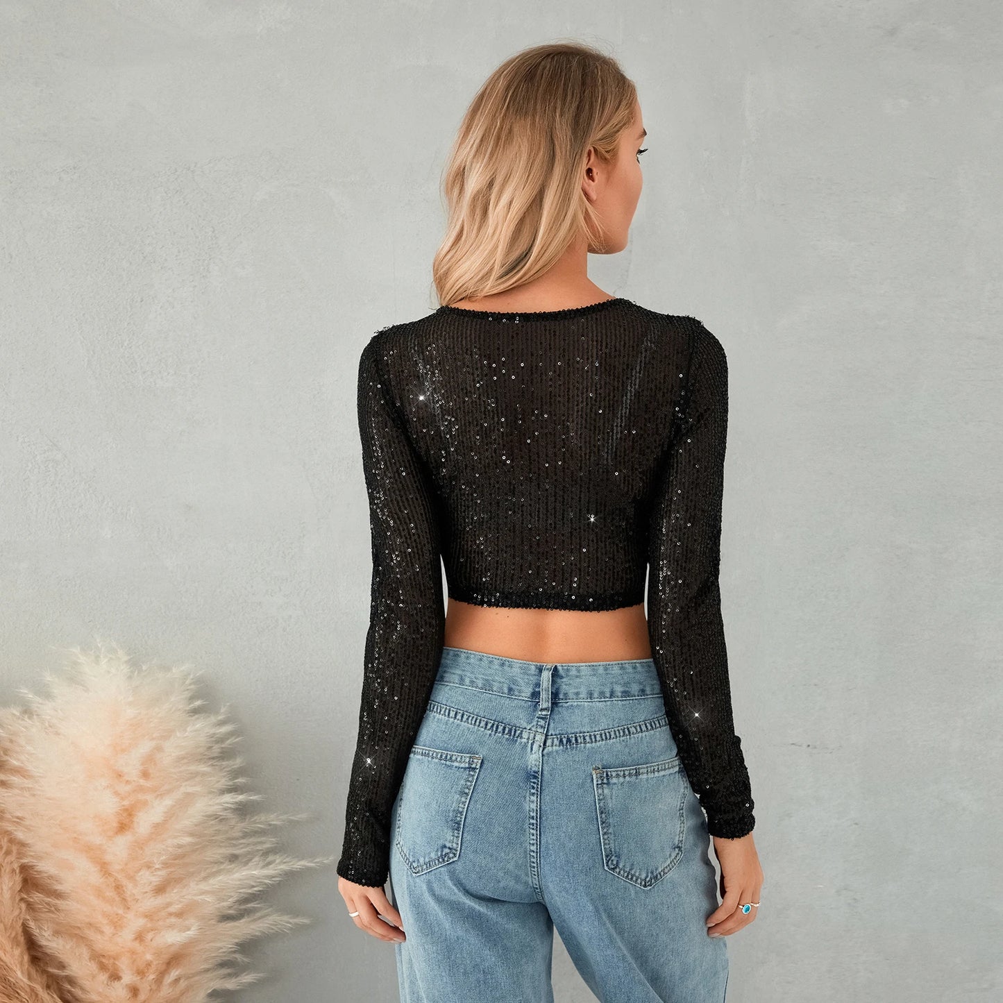 Women’s Full Sequin Cropped Tops Long Sleeve Round Neck Glitter Sparkle