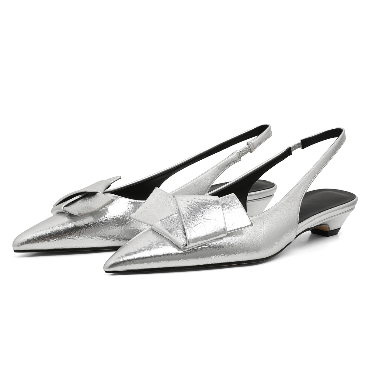 Kitten Low Heels Bownkot Pointy Toe Leisure Sandals Pleated Slip-on Back Strap Flats