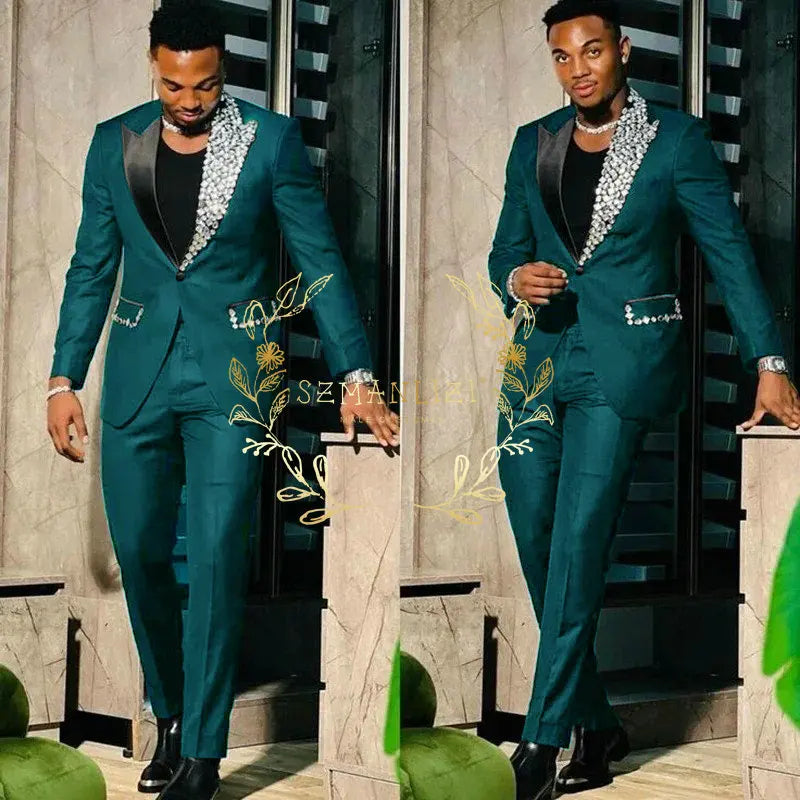 Suits for Men Slim Fit Single Breasted Peak Lapel Blazer High Quality Crystal Prom Party 2 Piece Jacket Pants Sets Terno