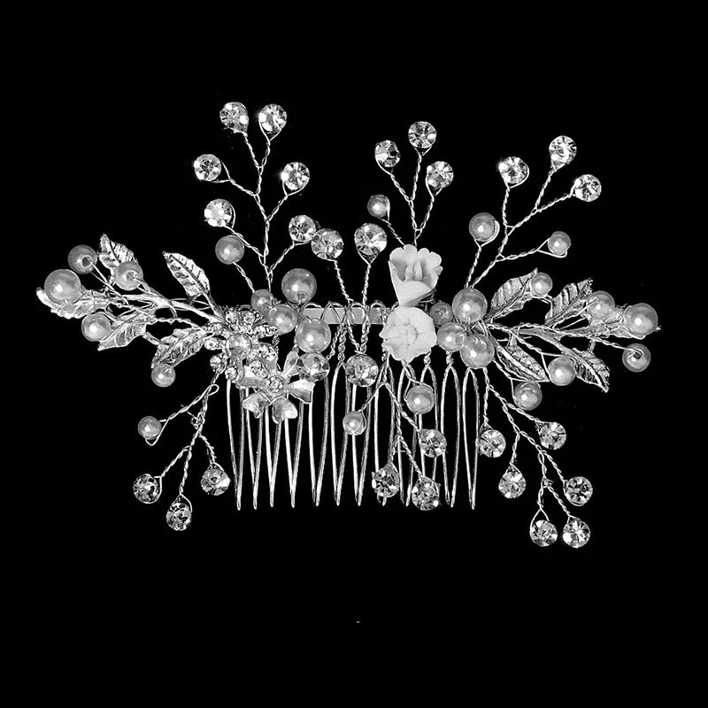 Silver Alloy Hair Comb Handmade Pearls Rhinestones Fashion Metal Headpiece Elegant Hair Jewelery Accessory For Women