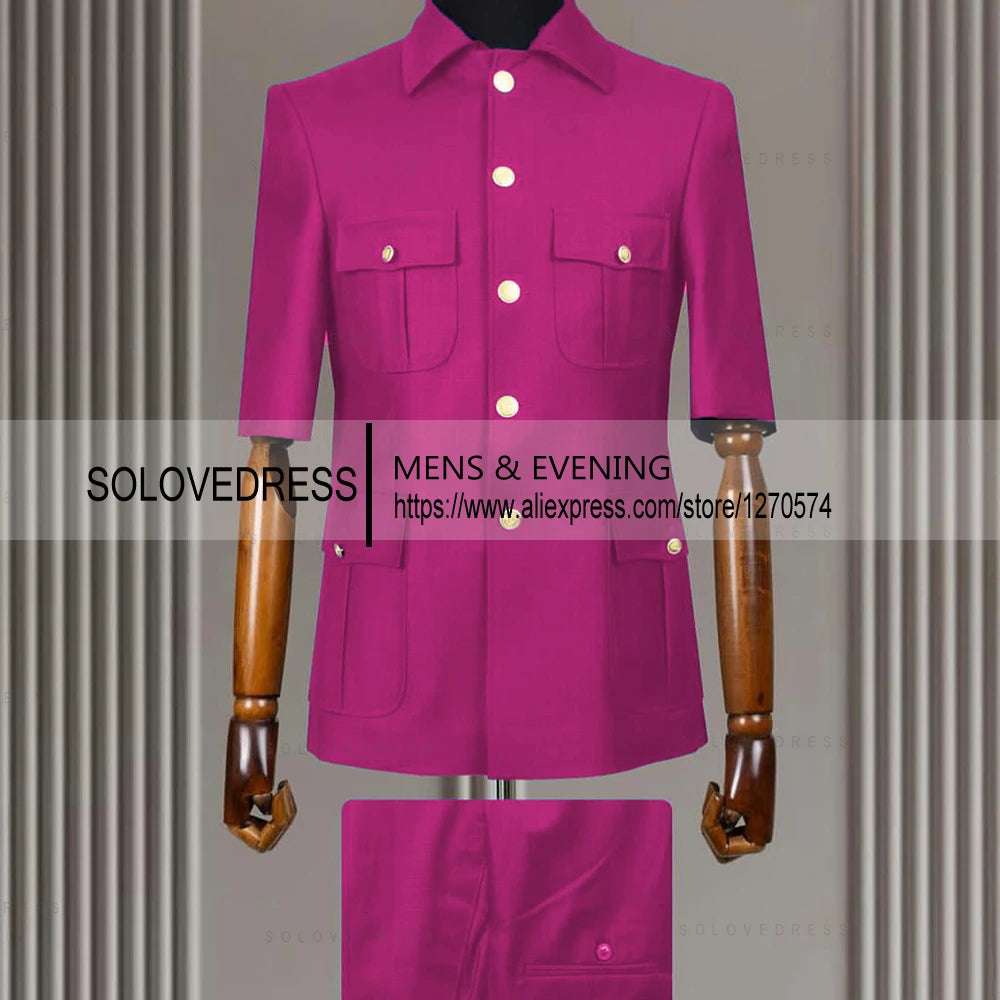 2 Piece Lapel  Short Sleeves with 4 Real Pockets Single Breasted Slim Fit Summer Suits