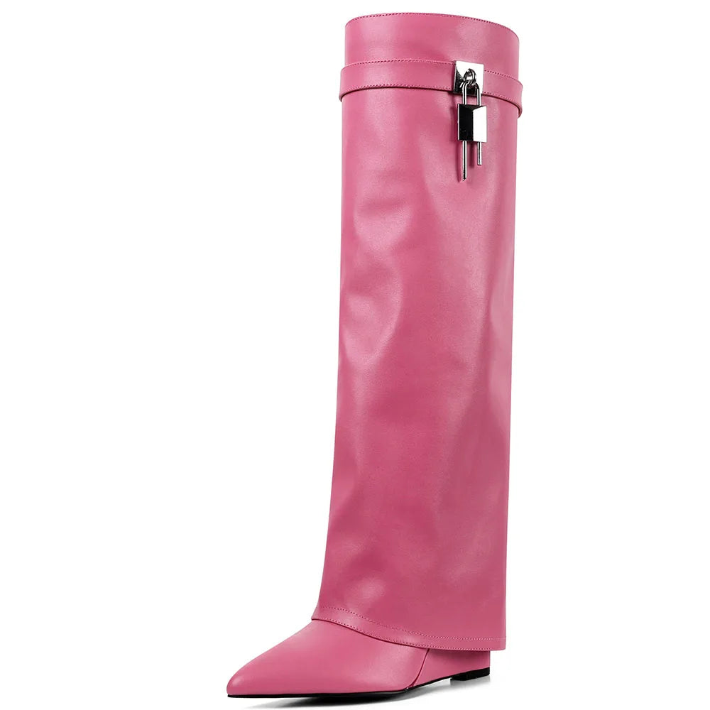 Fold Over Knee High Boots Pointed Toe High Wedges Heel Pull-on Metal Cool Fashion Shoes