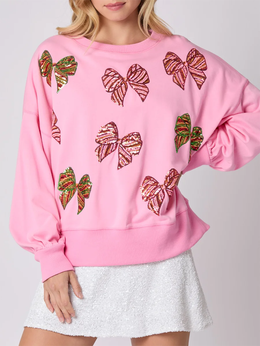 Women s Glitter Embellished Pullover Sweater with Oversized Fit and Bow Detail Drop Shoulder Design Long Balloon Sleeves