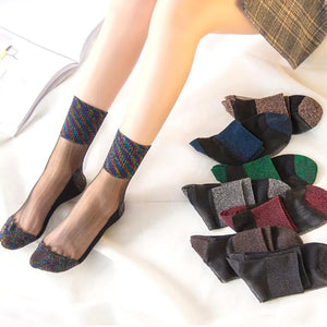 3 Pairs Spring Summer Women's Ultrathin Transparent Socks Glitter Crystal Glass Silk Socks Soft Lace Shiny Elastic Short Socks