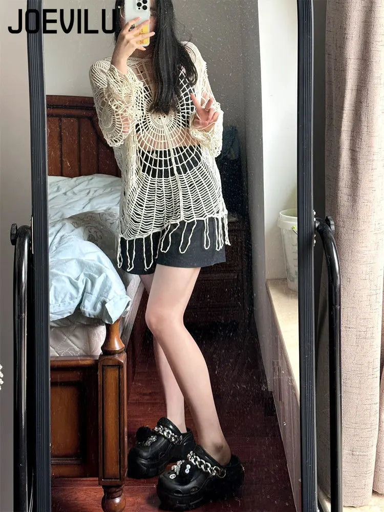 Hollow Knit Hooded  Goth Spider Web Sweater