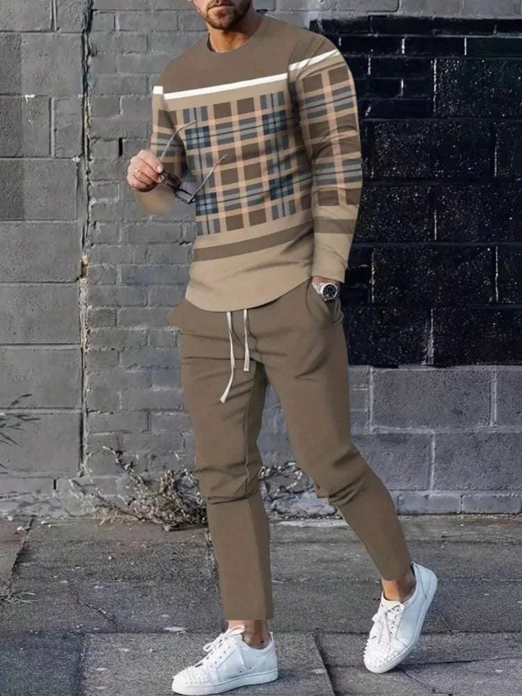 Simple Geometric Print Men's Fall Fashion Casual Crew-neck Tops And Pants Urban Street Fashion Trends Men's Tops And Long Styles