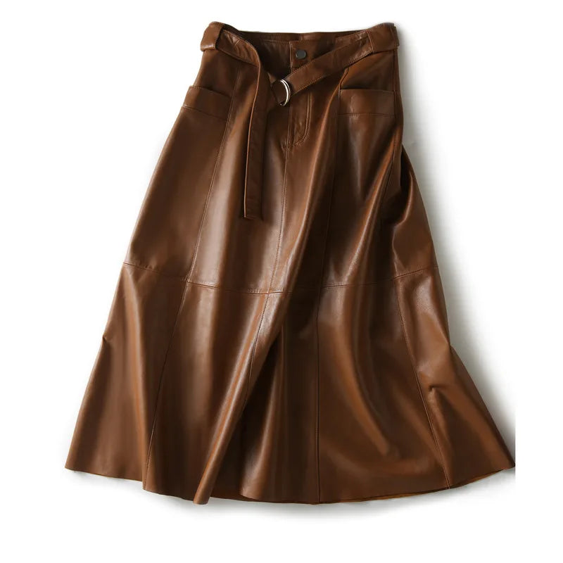 Vintage Brown High Waist A-Line  Leather Skirt with Belts