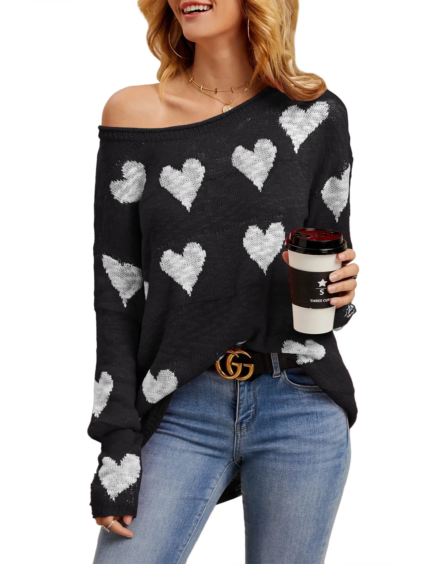 Women's  Heart Print Knitted Sweaters Soft Oversized Off The Shoulder Loose Knitted Valentine Pullover