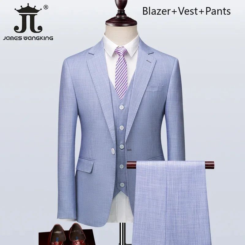 ( Blazer + Vest + Pants ) Boutique British Style Men's Suit Plaid Dress Business Casual Formal Suits 3Pcs Set