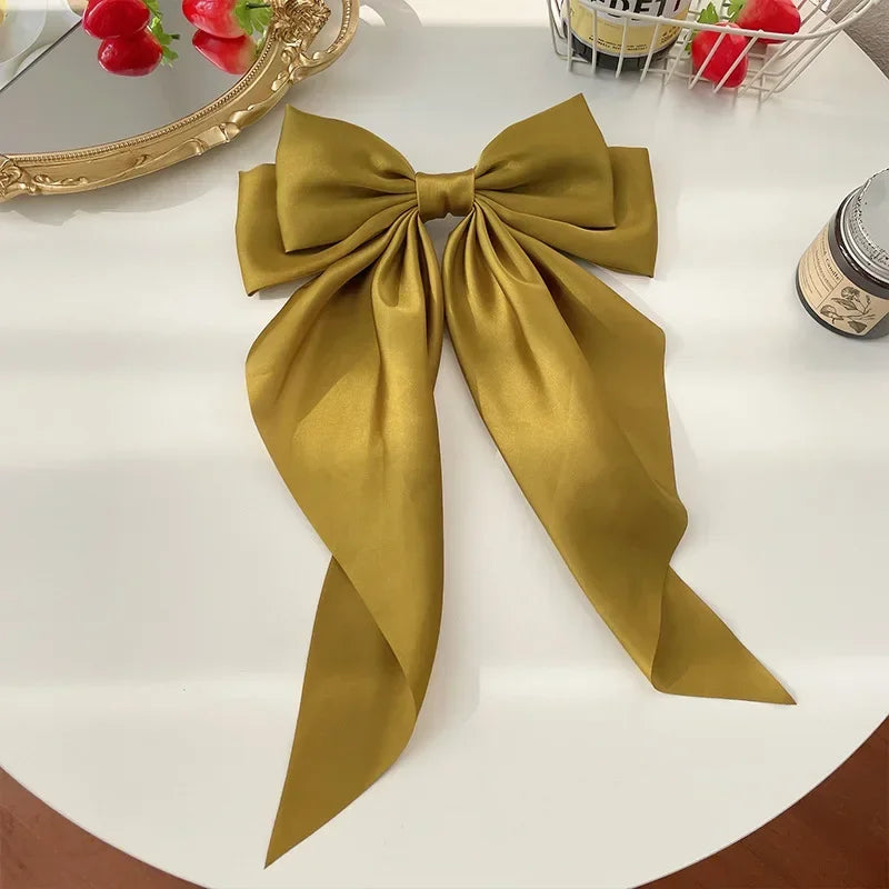 Hair Clips for Women  Big Bowknot Solid Satin Long Ribbon Bows Spring Clamp Barrette