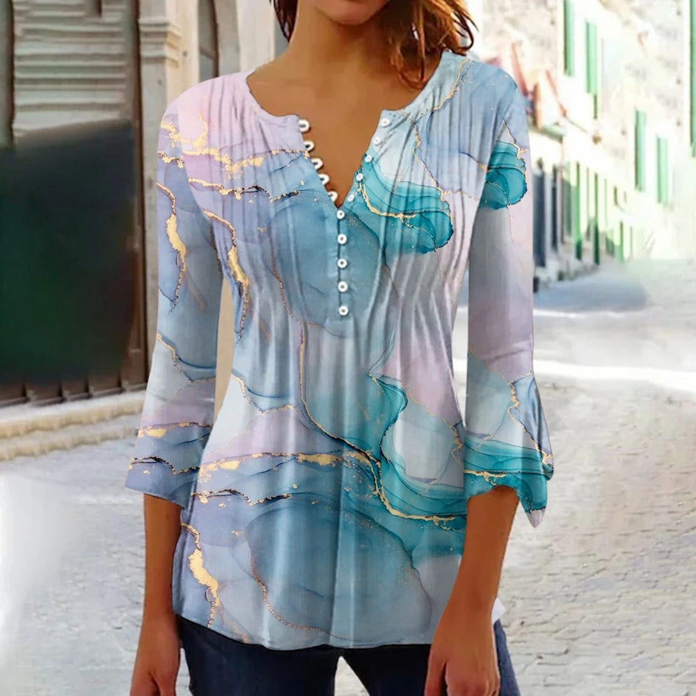 Summer Street Fashion Button-Down T-Shirt Loose Women'S Comfortable Clothing Shirt 3d Printed Trend Seven-Quarter Sleeve Top