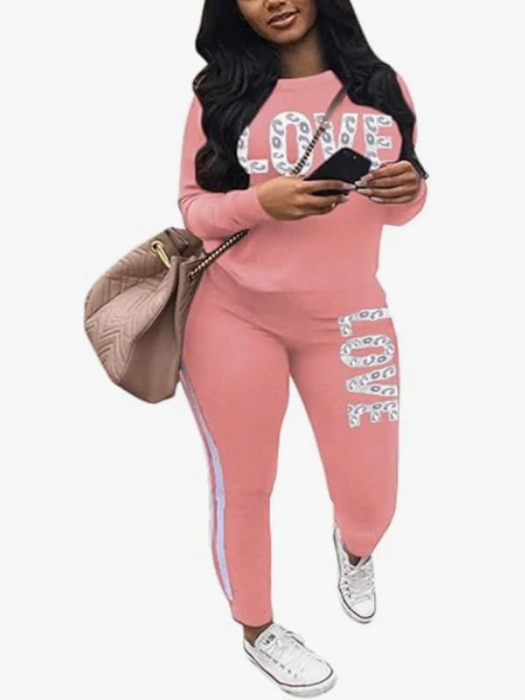 Women Two Piece  Round Neck Pullover Top with Long Pants Casual Outfit