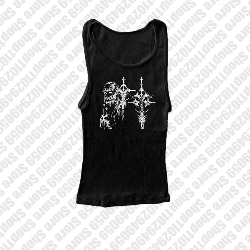 Aesthetic Sweet Sexy Tank Tops Women Sleeveless Casual Cartoon Print Tanks  All Match Cropped