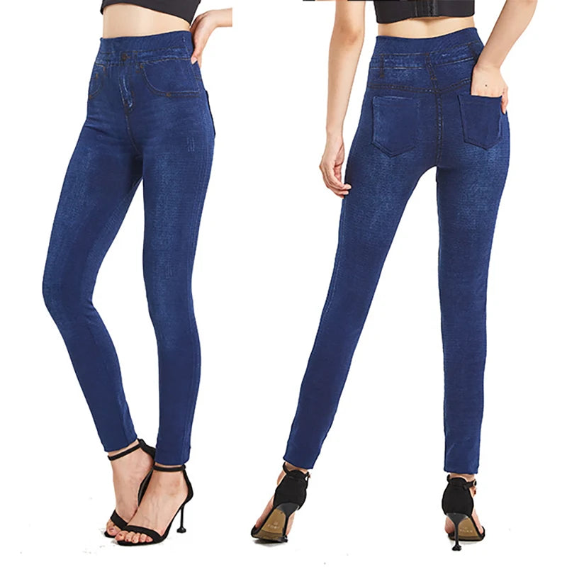 Stretchy Solid Color Plus Size Jeggings Fashion False Jeans Women's Tight Seamless Pocket Leggings Soft Pencil Pants
