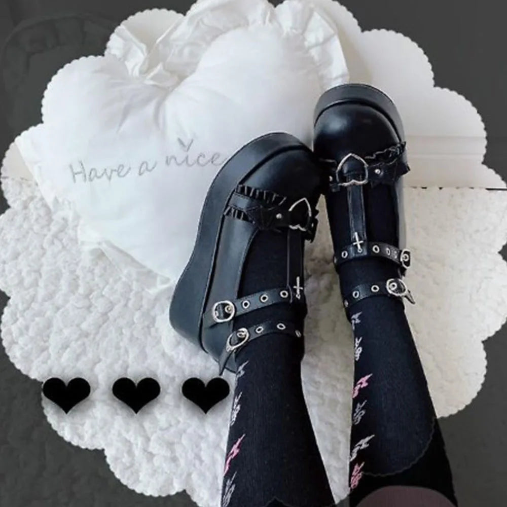 Gothic Round Toe Chunky Heel Mary Jane Cute Heart