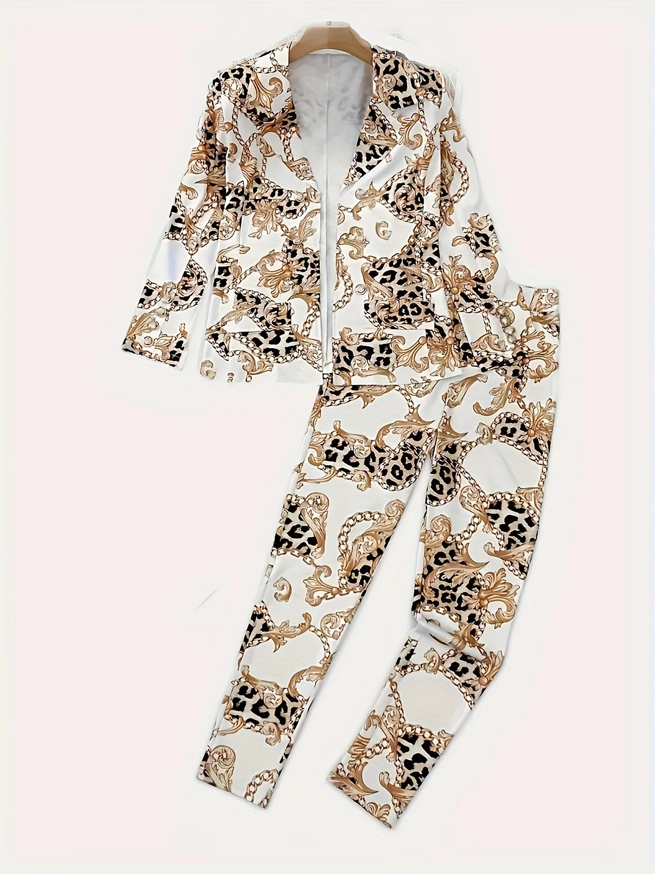 Women's Chain Printed Two-Piece Suit Set, Double Breasted Long Sleeved Lapel Suit Jacket and High Waisted Slim Pants
