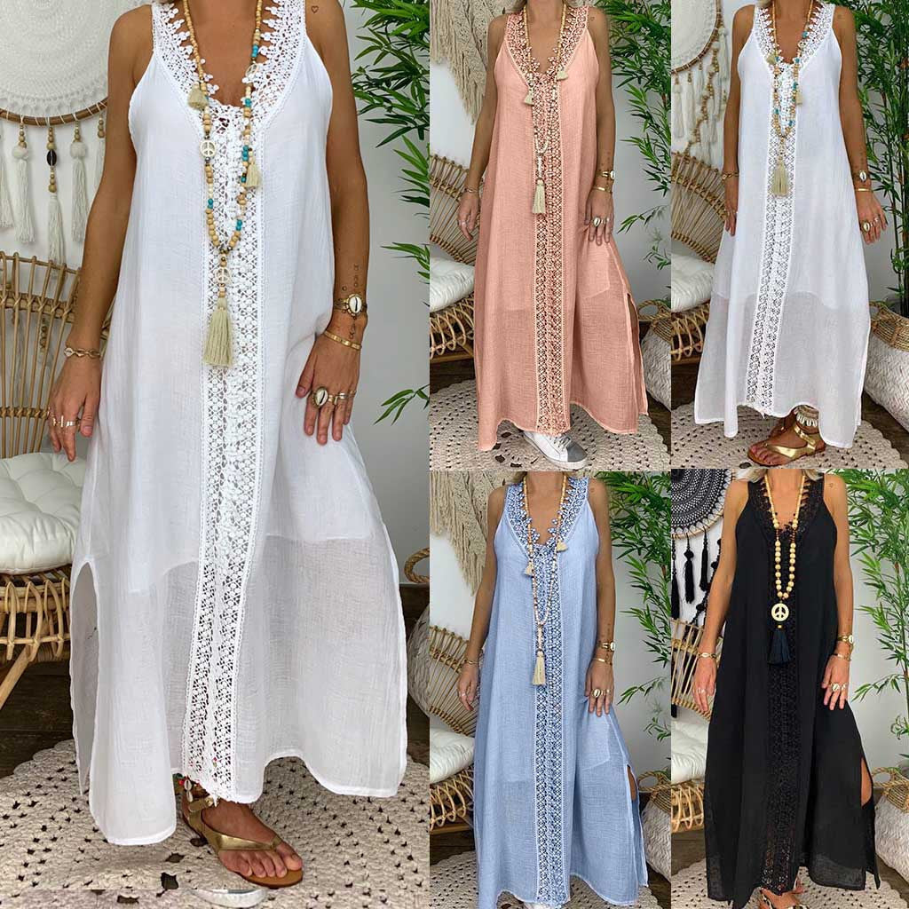 Women's Vintage Sleeveless Lace Spliced Maxi Dress Casual Sundress Summer Plus Size Elegant V-neck Hollow Out Loose Long Dress