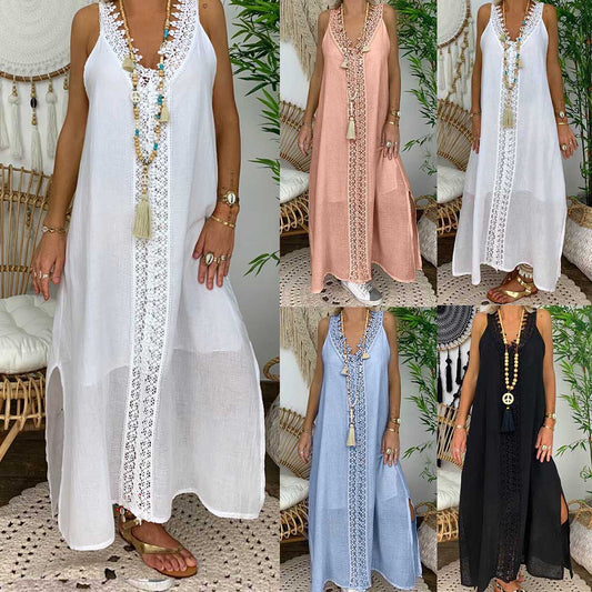 Women's Vintage Sleeveless Lace Spliced Maxi Dress Casual Sundress Summer Plus Size Elegant V-neck Hollow Out Loose Long Dress