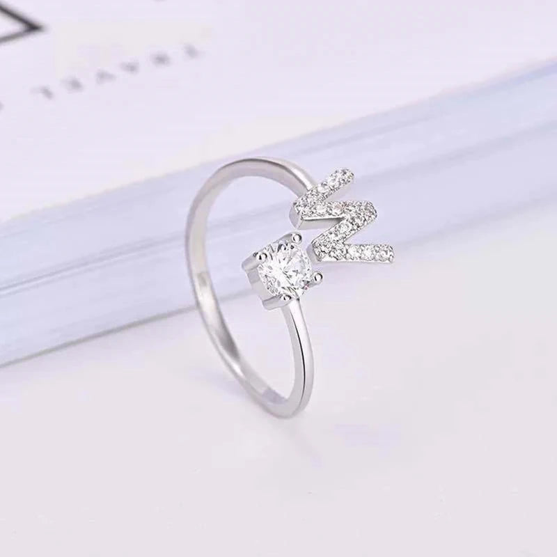 Shining Rhinestone 26 Letters Adjustable Rings  Initial A-Z Alphabet Opening Ring