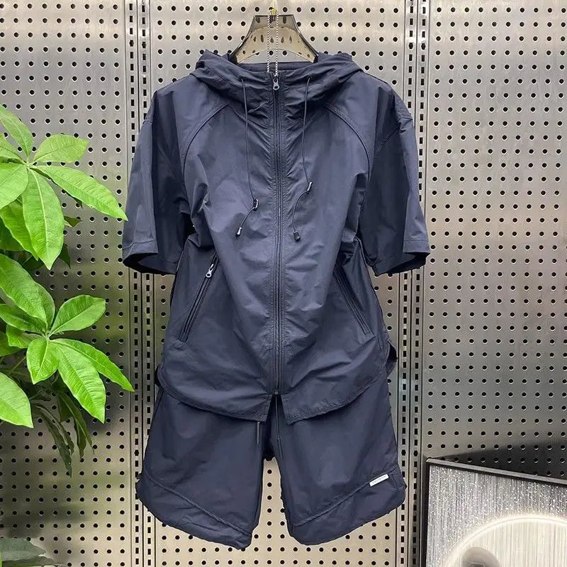 Summer Men Tracksuit Chic Hooded Quick Drying Set Short Sleeve Shorts Casual Zip Shirt  Loose Two Piece Set
