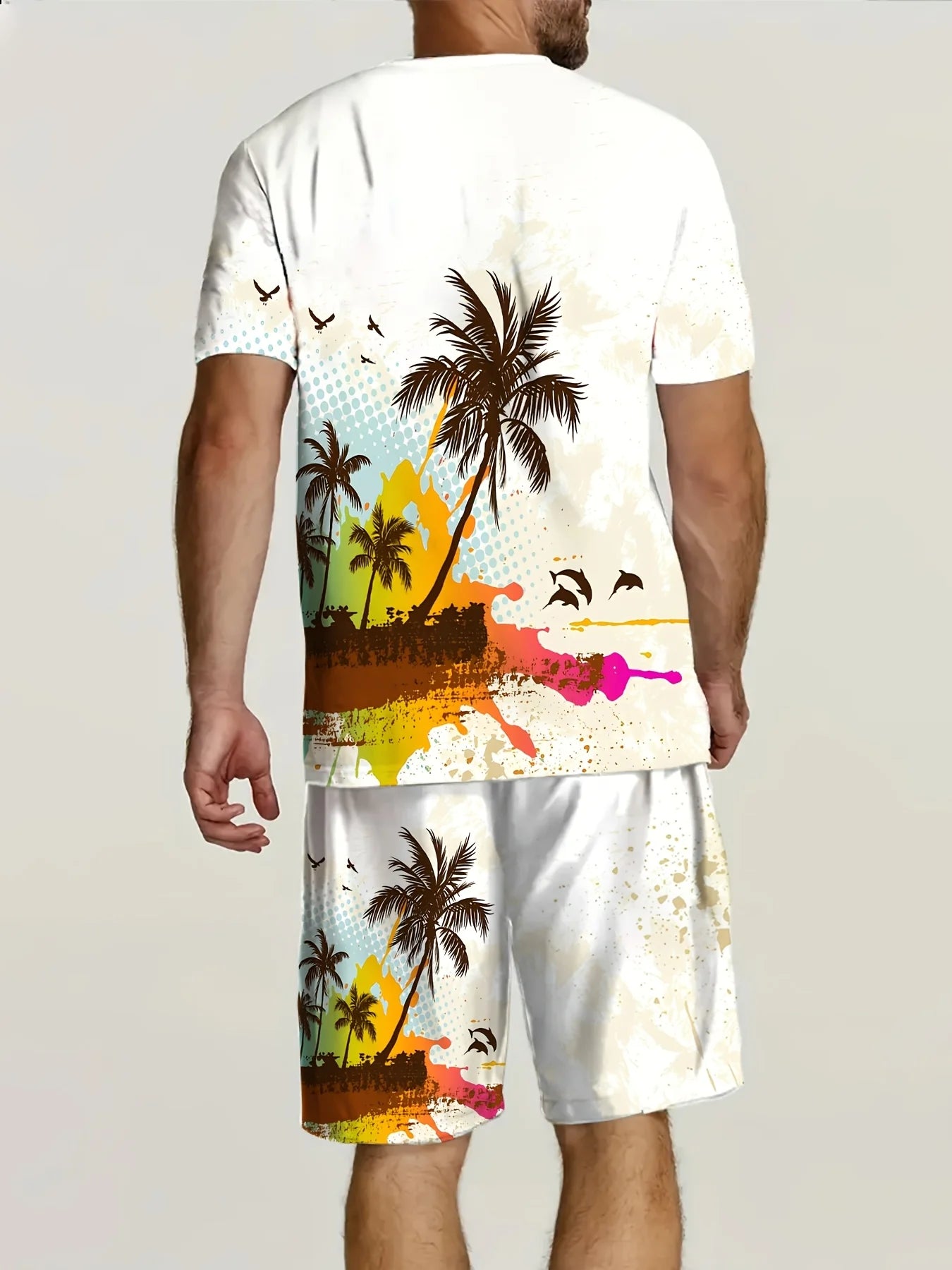 Summer men's casual short-sleeved suit with coconut tree sailboat print, casual and fashionable streetwear with shorts