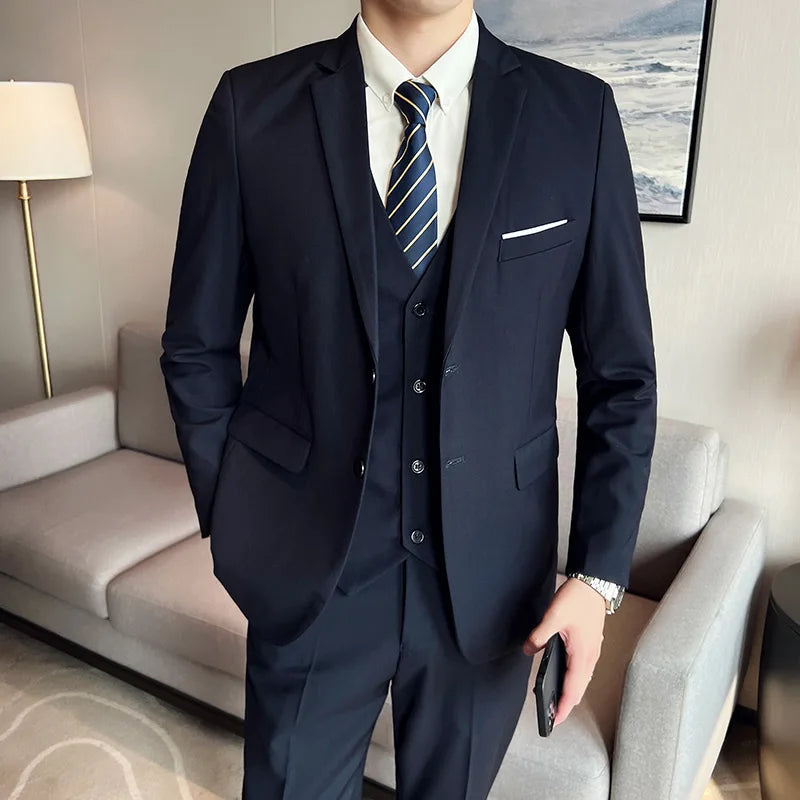 Men's High-Quality 3-Piece Business Casual Wedding Suit Vest Trousers Set Handsome Fashion Banquet Clothing