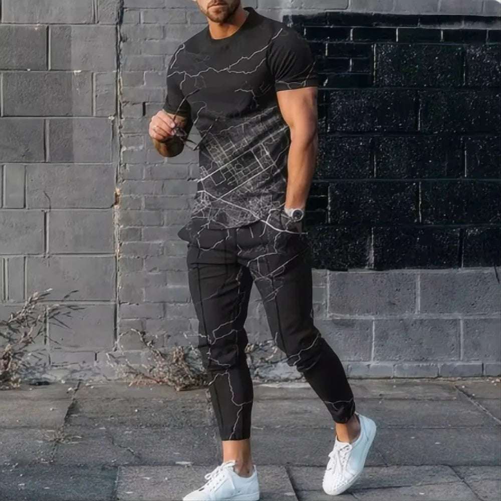 Summer men's T-shirt and pants sports suit abstract gradient 3D printed T-shirt and pants set 2-piece street wear oversized suit