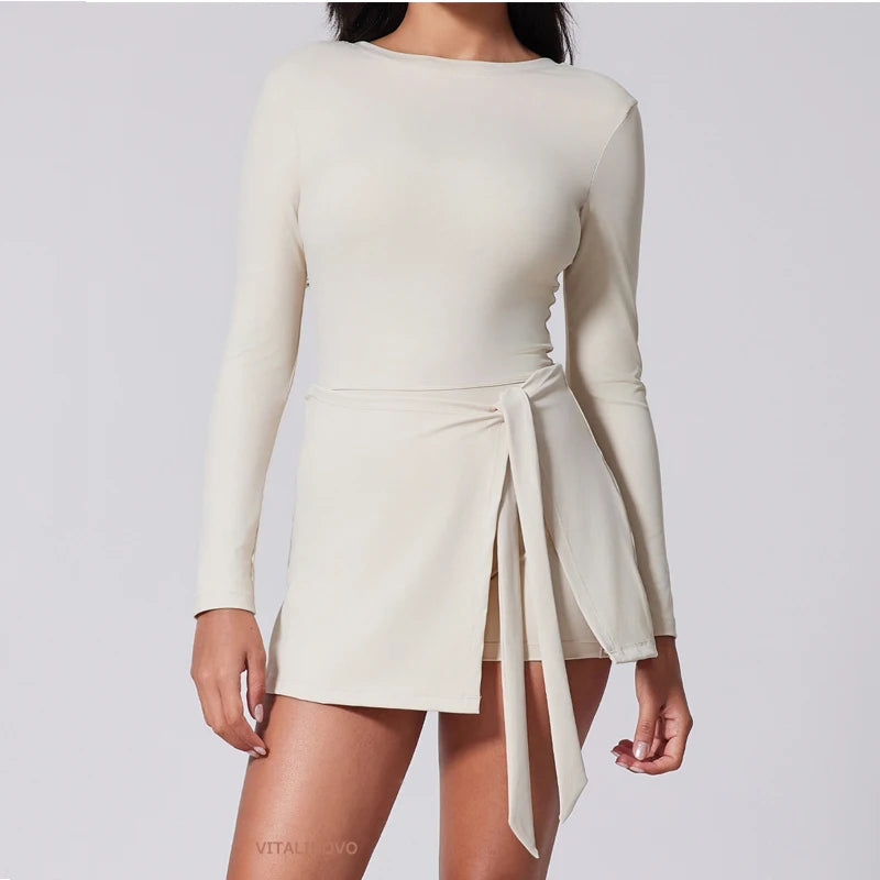 Women's O-Neck Tennis Dress Long Sleeve Sarong Wrap Skirt Built in Shorts Golf Athletic Dress Workout Rompers