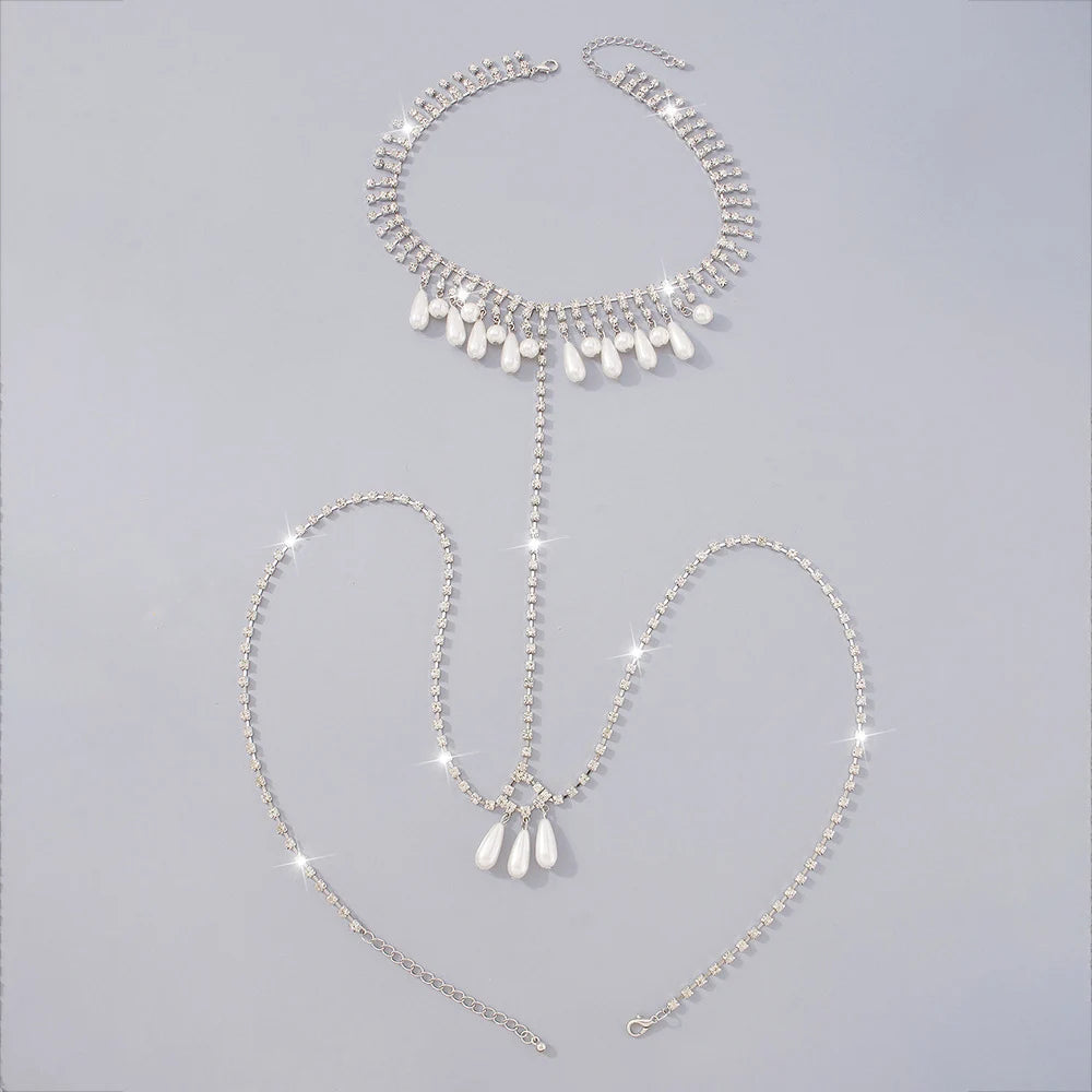 Pearl Pendant Crystal Chest Chain Necklace Rhinestone Lingerie Harness Body Chain  Jewelry